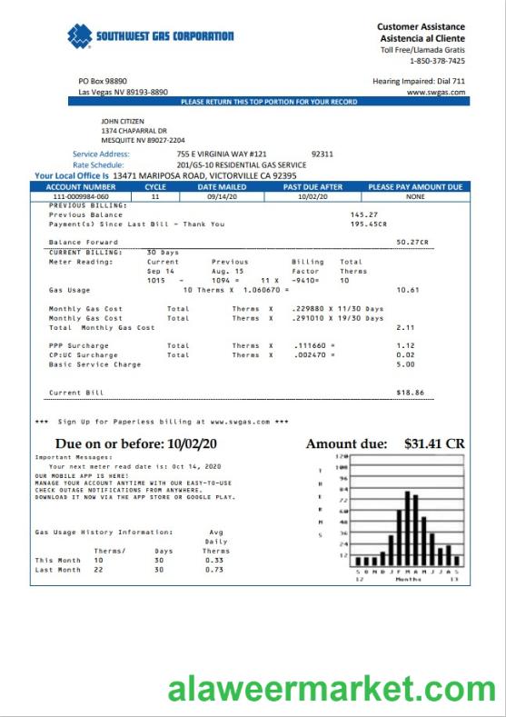 USA Nevada Southwest gas Corporation utility bill template in Word and PDF format